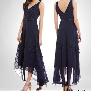 Karl Lagerfeld Paris Navy Full Length Gown Flower Appliqué 6